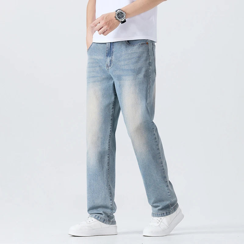 Men's Summer Thin Comfortable Jeans, Fashionable and Breathable Business Straight Pants, Loose Retro Casual Denim Trousers