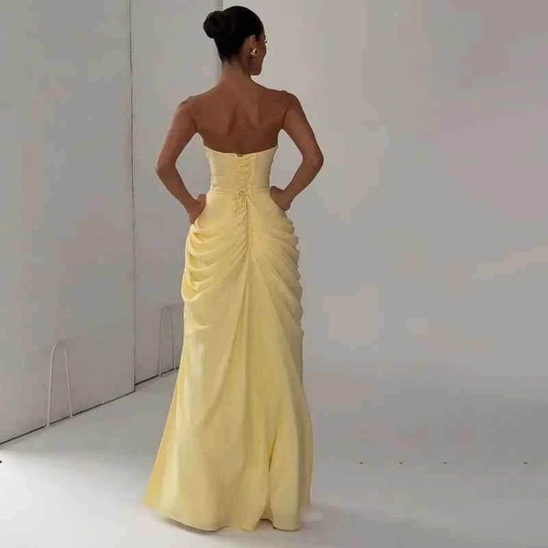 Women Sexy Solid Pleated Strapless Dress Lady Chic Off-shoulder Backless High Waist Split Dresses  Evening Party Gown 2026 New