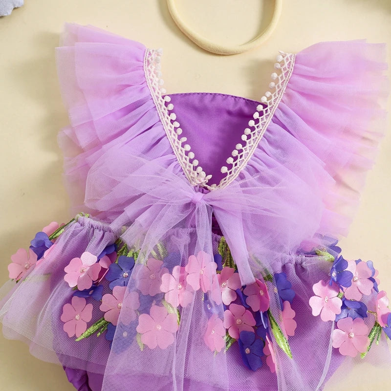 Baby Girl Princess Romper Dress Cute Summer Ruffle Sleeveless 3D Flower Tulle Tutu Rompers with Headband 2Pieces Infants Outfits