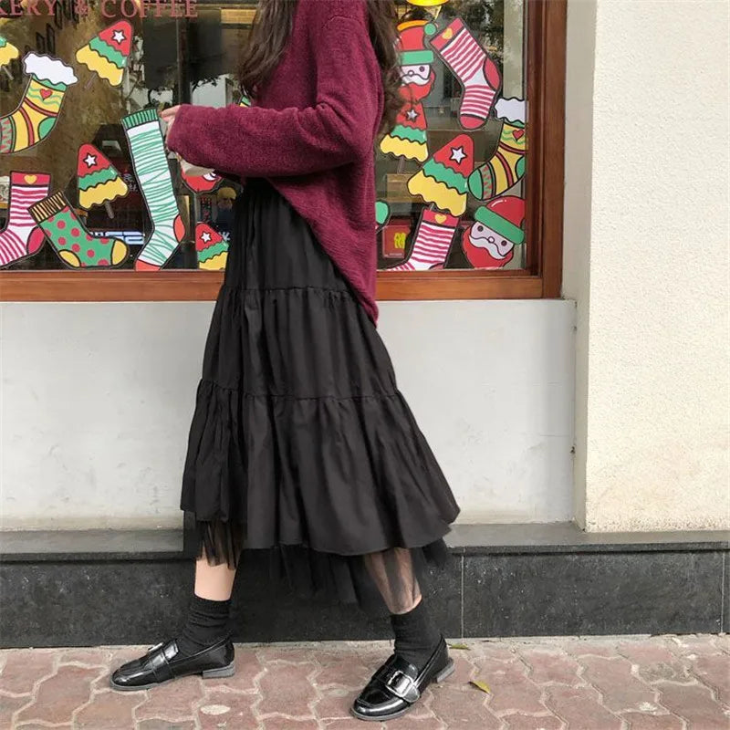 Long Tulle Midi Skirts Womens  Autumn Elastic High Waist Mesh Tutu Pleated Skirts Female Black White Long Skirt Streetwear