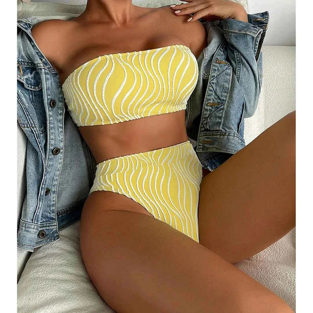 Sexy Wave Striped Bandeau High Waist Bikini Female Swimsuit Women Swimwear Two-pieces Bikini set Bather Bathing Suit Swim K5445