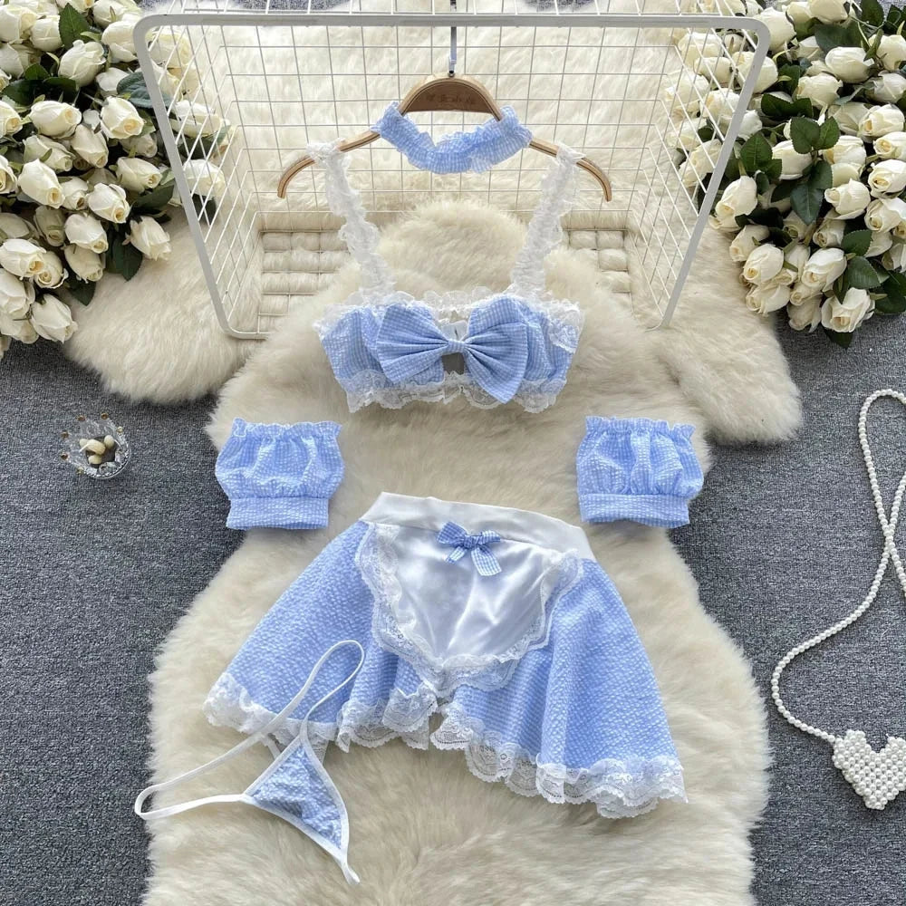 Summer Girls Sexy Hot Sweet Transparent Suspender Mini Dress Women Elastic Waist And Backless Strap Lolita Pajamas Bubble Skirt
