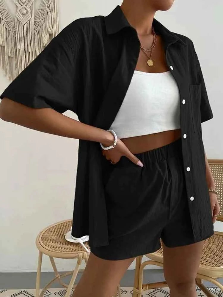 Women's Cotton Suit  Short Sleeve Casual Elegant Green Soild Two Piece Set Women Outfit Suit Shorts and Shirt for Women