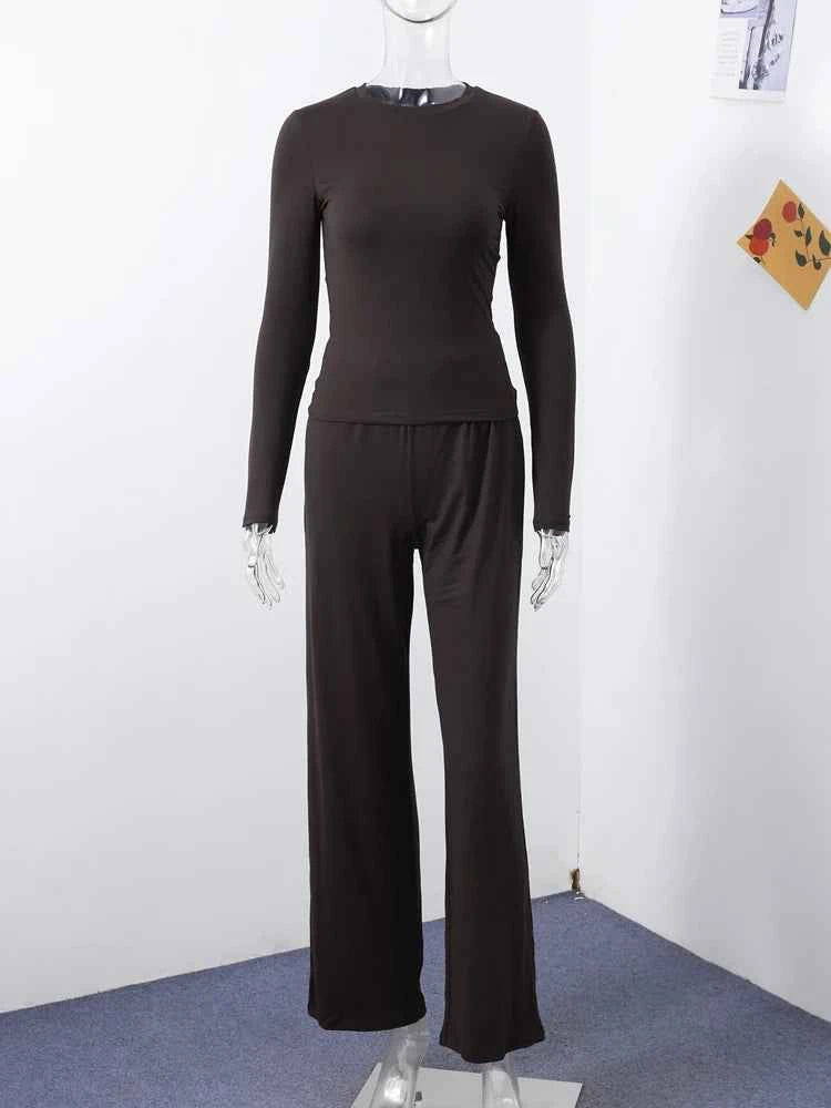 Women Top Pants Suit 2 Piece Sets Solid O-neck Long Sleeve Shirts Elastic Waist Trousers Female Outfits 2025 New Lady Tracksuit