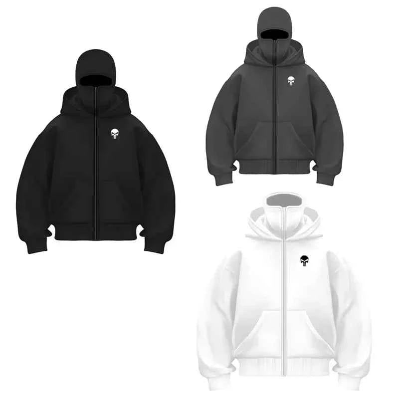 Unisex Double Hooded Fleece Sweatshirt Woman Balaclava Hoodie Half Zip Warm Outfit for Fall Winter Men Clothing Masked Outfit