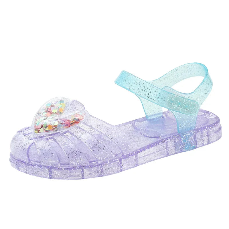 2026Kids' Sandals Ourdoor Crystal Jelly Shoes PVC Love Baby Fashion Flat For Girls Breathable Anti-slip Purple Sliver Size 24-35