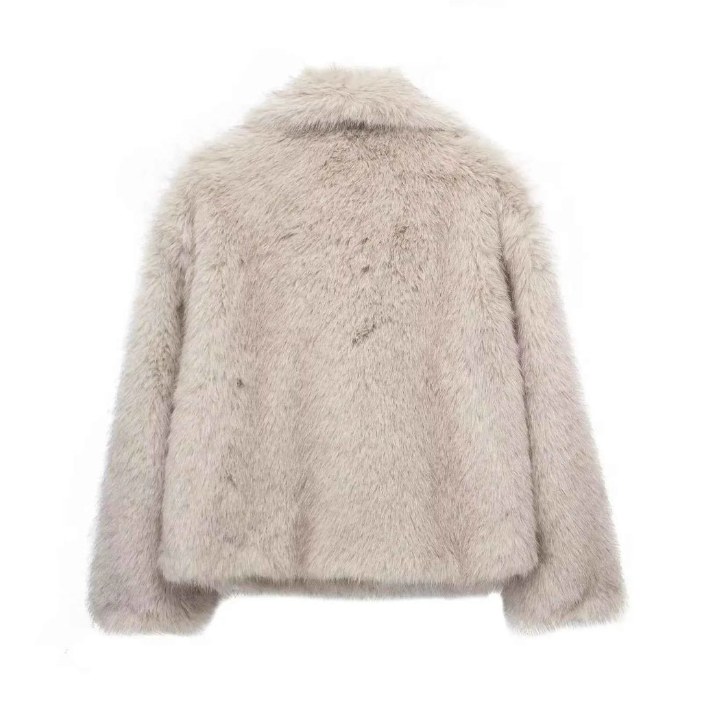 HH Women Fashion Cropped Faux Fur Jacket Coat Long Sleeve Front Snap-button Female Outerwear Chic Lapel Collar Thick Coat