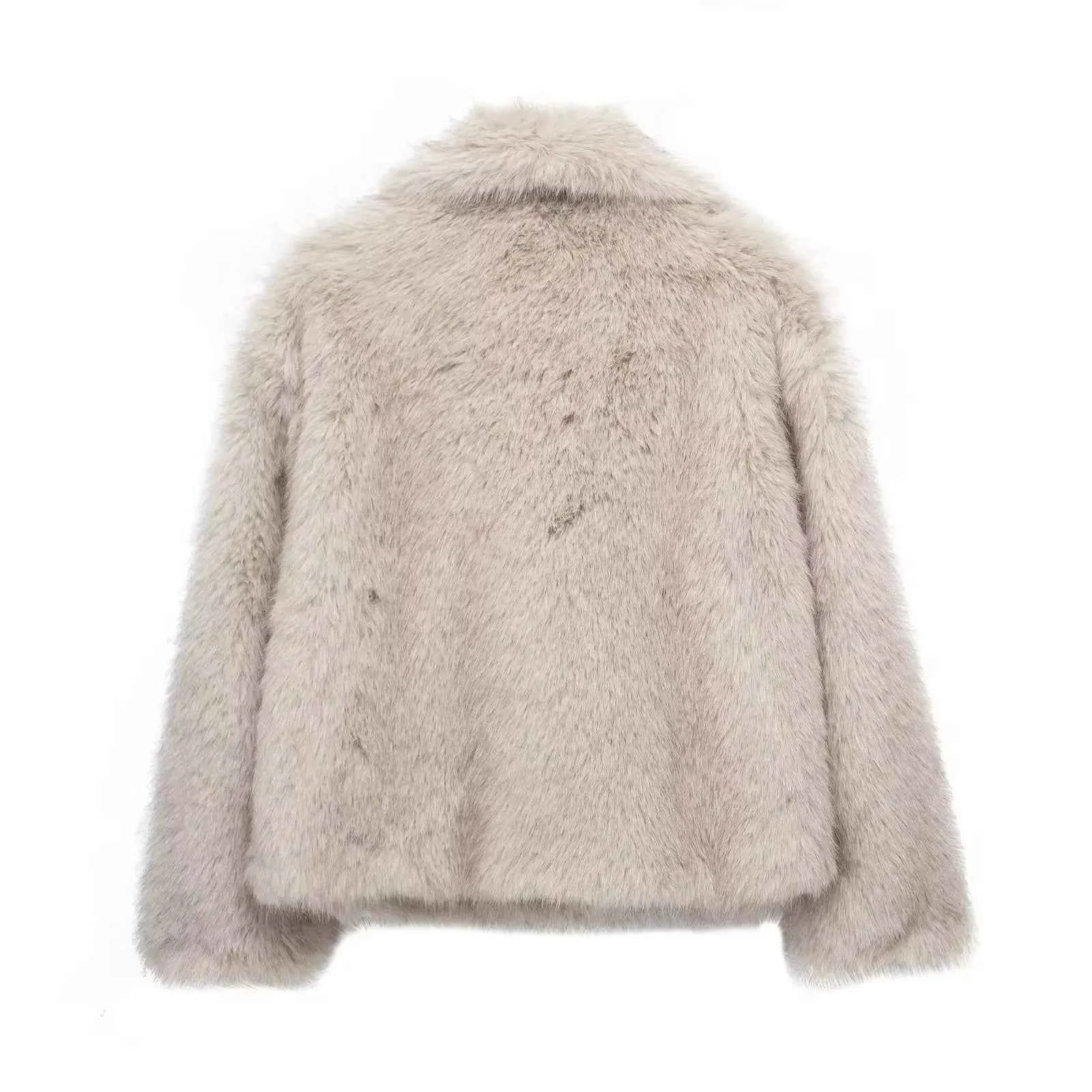 HH Women Fashion Cropped Faux Fur Jacket Coat Long Sleeve Front Snap-button Female Outerwear Chic Lapel Collar Thick Coat