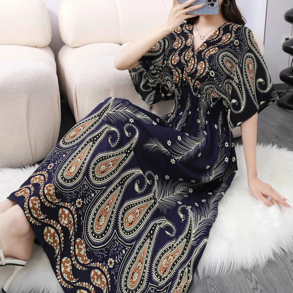 Colorful Flower V-neck Elastic Youthful Bohemian Sweet Midi Dress Woman Clothes Chic Fashion Summer Dresses 2025 Large Swing Ski