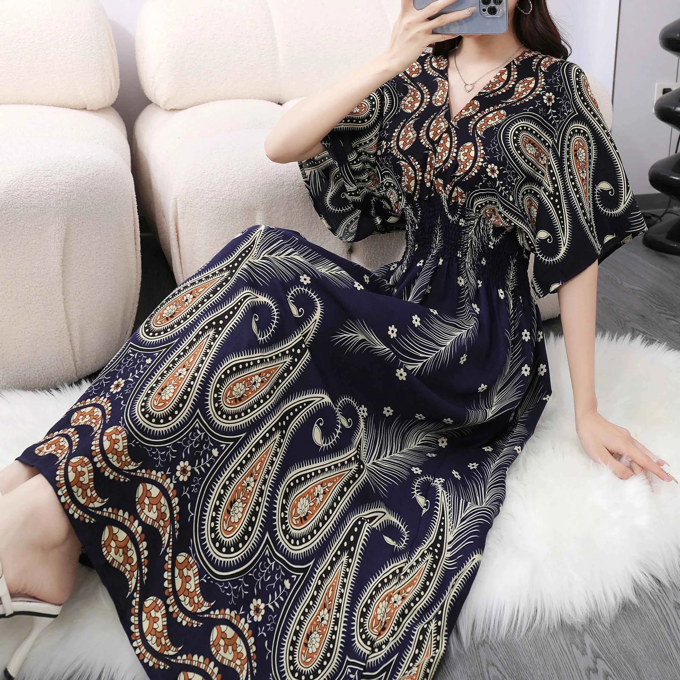 Colorful Flower V-neck Elastic Youthful Bohemian Sweet Midi Dress Woman Clothes Chic Fashion Summer Dresses 2025 Large Swing Ski