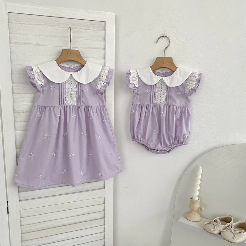2026 New Summer Sister Clothing 2-6Yrs Kids Princess Flutter Sleeved Dresses Cotton Embroidery Baby Birthday Party Dress