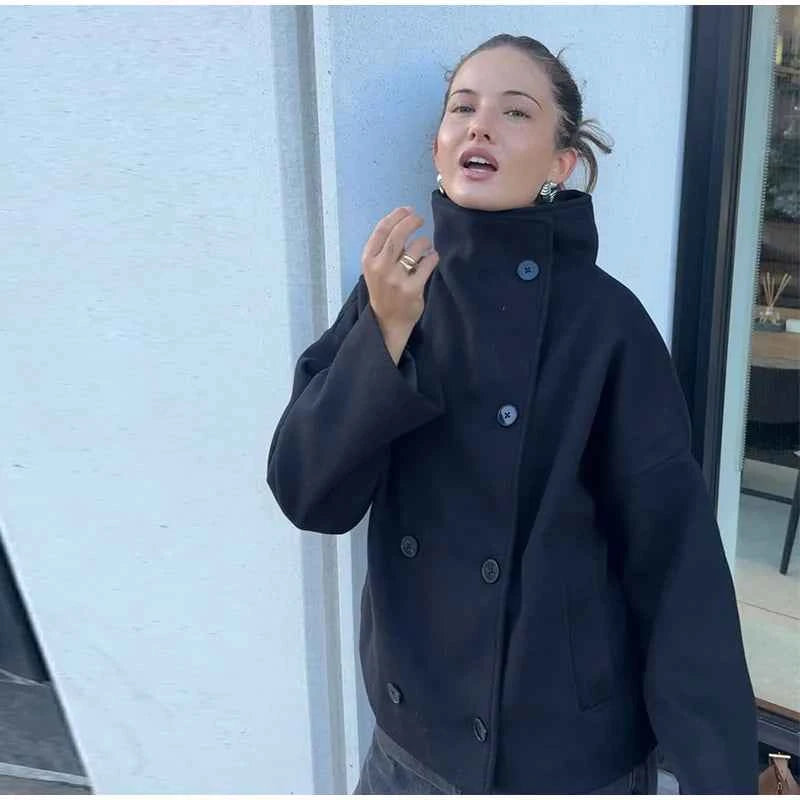 Elegant Women's Short Woolen Coats Stand Collar Double Breasted Long Sleeve Female Jacket 2025 Autumn Winter Lady Warm Outwear