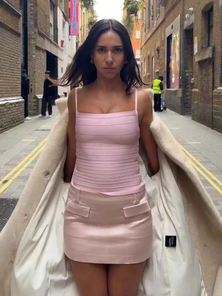 Women's Corset Tops Bandage Striped Spaghetti Strap Crop Top Square Neck Sleeveless Bodycon Stretch Partywear Chic Lady Clubwear