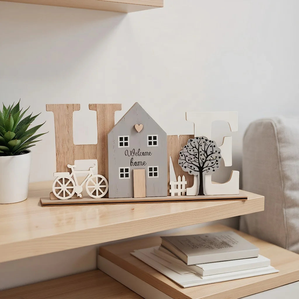 Wooden HOME Ornament with Cute House Bicycle & Tree Elements Creative Wooden Craft Decor For Living Room Bedroom Entryway