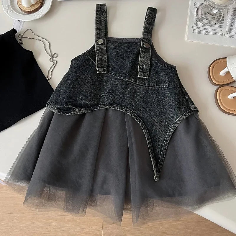 Summer Girls Clothes Sets Sleeveless T-shirt+Denim Mesh Dress Korean Kids Clothing Children Casual Clothes Suits 2 3 4 5 6 7Yrs