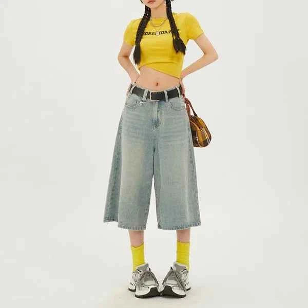 Fashion Harajuku Vintage High Waist 2000S Blue Denim Shorts Women's Casual Loose Fit Y2K Punk Streetwear Style Baggy Shorts
