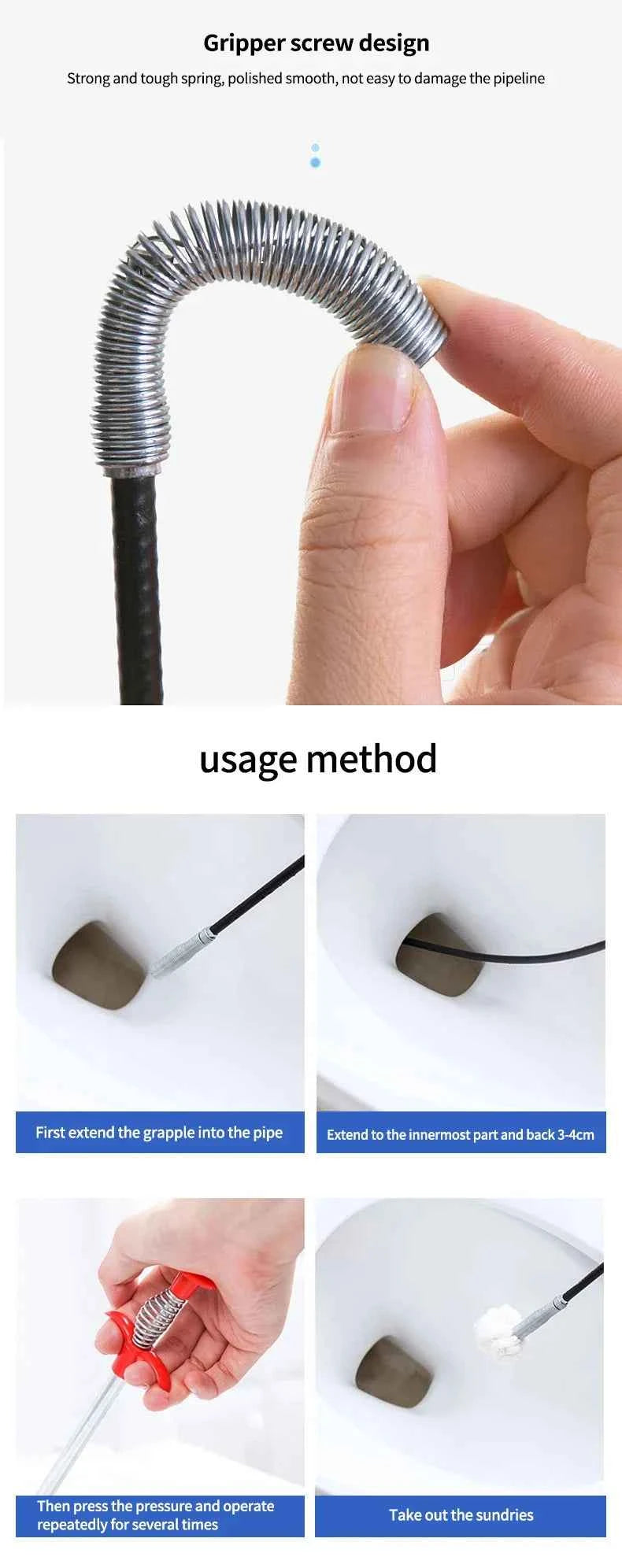 60cm Flexible Drain Snake Spring Pipe Cleaner Tool for Kitchen/Bathroom Sink Clogs (Heavy-Duty Hair & Debris Remover)