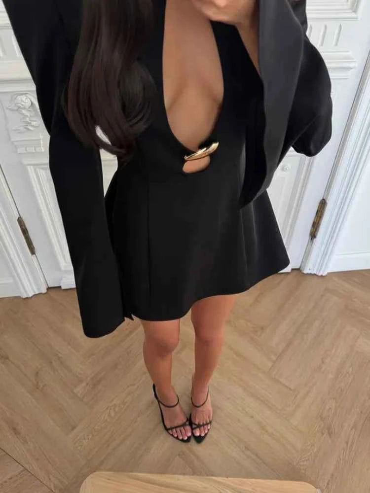 Ahagaga Elegant Women's Mini Dresses Solid Sexy Bodycon Slim Fit Hollow Out Regular Long Flare Sleeve A Line Trend Casual Female