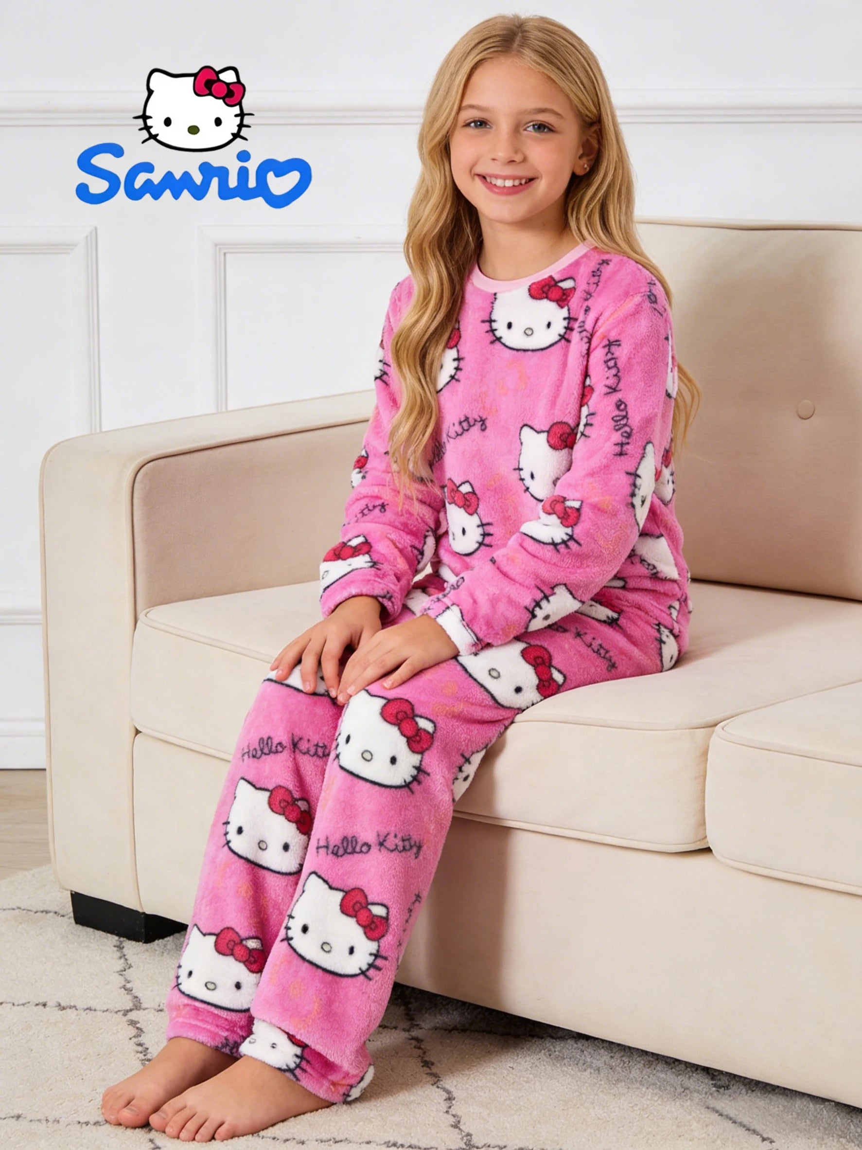Sanrio girls' sleepwear and pants set for autumn and winter, Hello Kitty long sleeved pants with thick suede for home wear.
