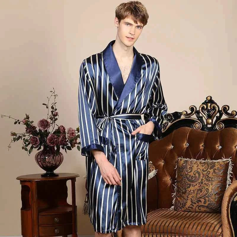 Plus Size 3XL 4XL 5XL Men Robe Sleepwear Navy Blue Stripe Kimono Bathrobe Gown with Pocket Summer Satin Home Clothes Lounge Wear