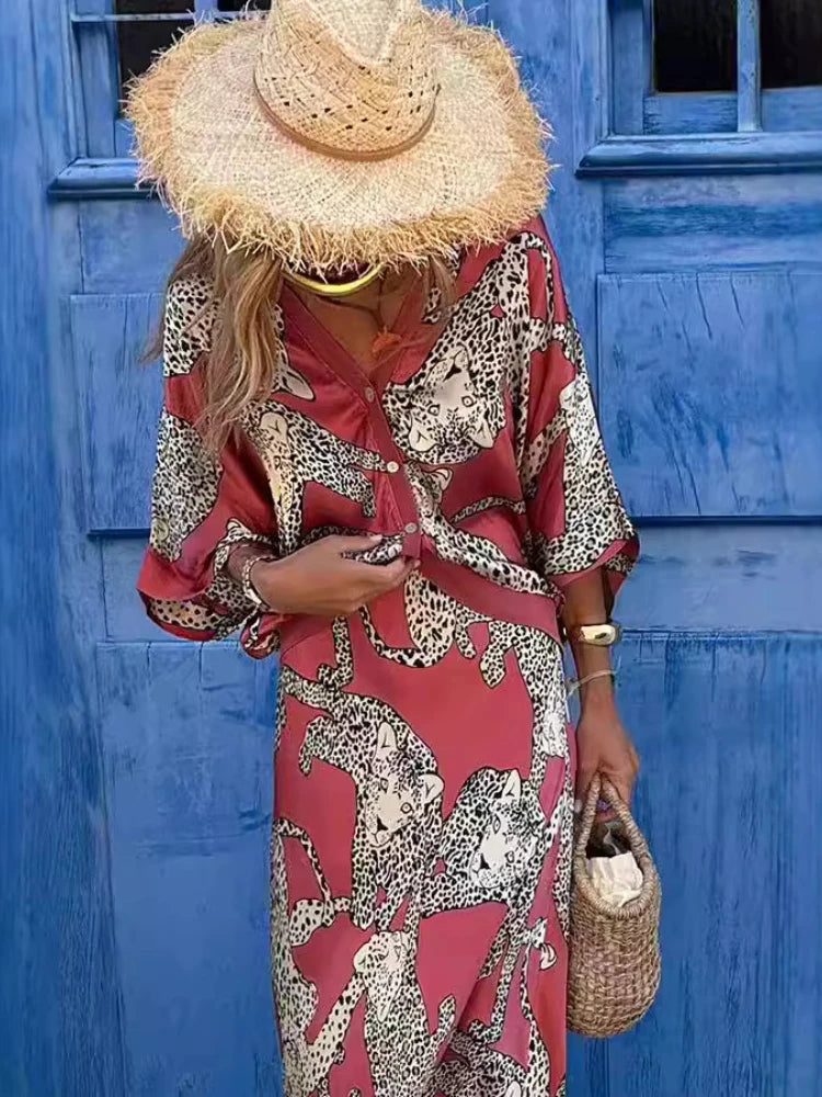 2024 Autumn New Women's Elegant Printed Leopard Pattern Fashion Two Piece Set V-neck Single Breasted Sexy Shirt Long Skirt Set
