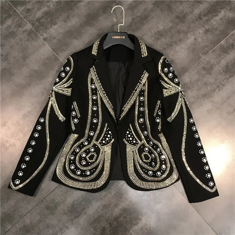 DEAT 2024 New autumn Turn-down Collar Full Sleeves Metal Beaded No Buttons Short jackets Female Single Suit WF18501L Black