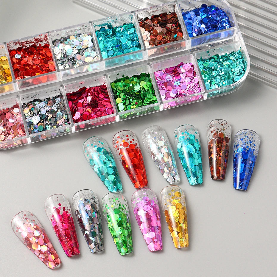 12 Colors Sparkly Holographic Nail Art Glitter Sequins Laser 3D Hexagon Flakes Nail Powder Makeup Nail Art Decorations Manicure