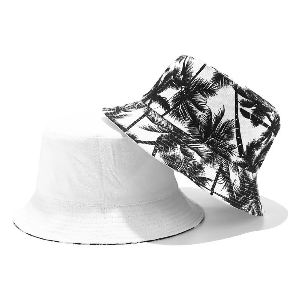 Unisex Reversible Double Sided Black Coconut Tree Printed Fisherman Caps Bucket Hats Men Women Outdoor Travel Visor Hiking Hat