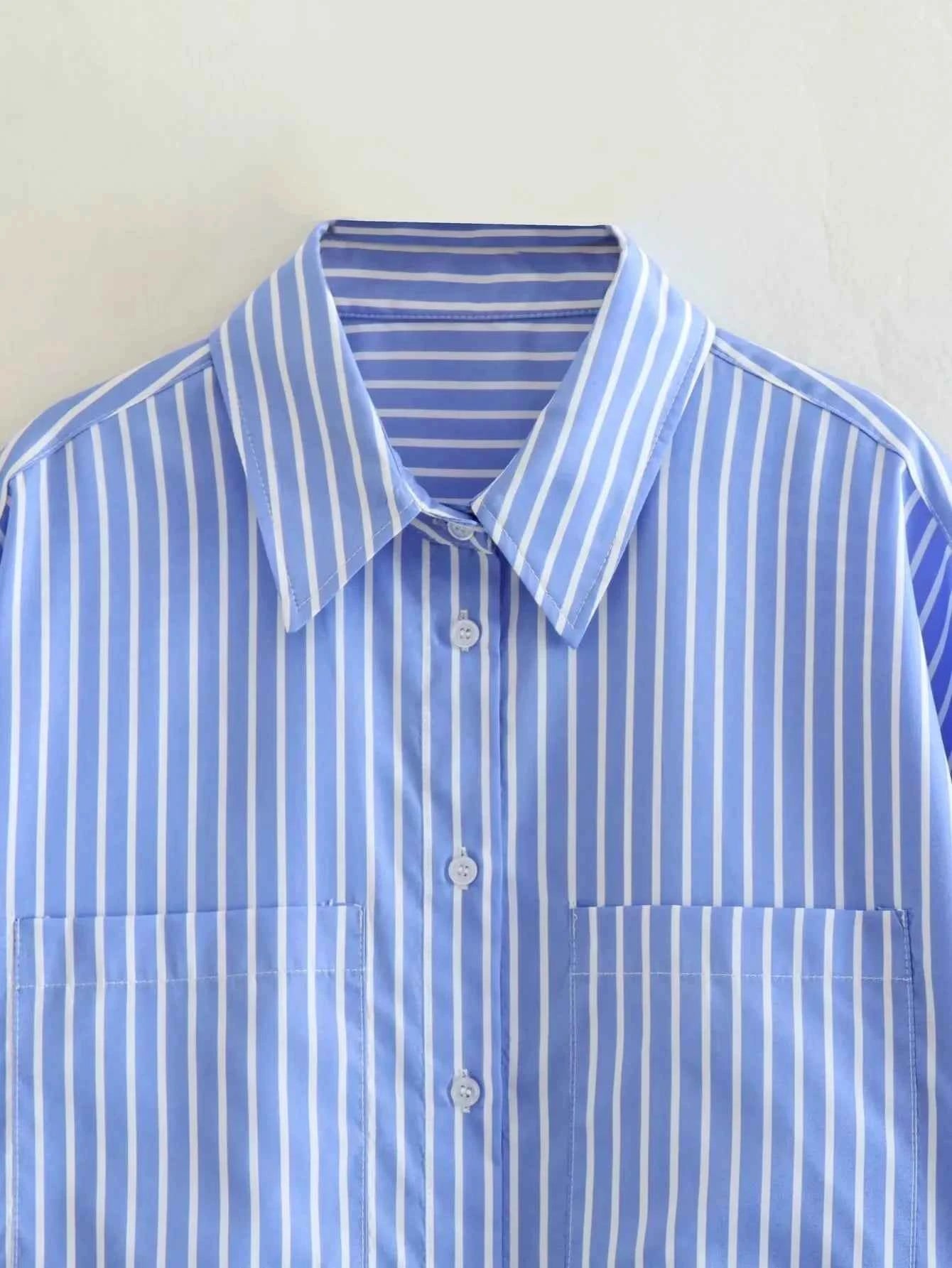 Women 2025 Pocket Stripe Printed Shirt Fashion Single Breasted Vintage Long Sleeve Spring Autumn Causal Elegant Loose Tops