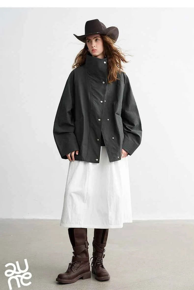 TOYOUTH Women's 2026 Spring New Loose Stand-Collar Utility-Style Lightweight Jacket Coat with Slub Wrinkle Texture