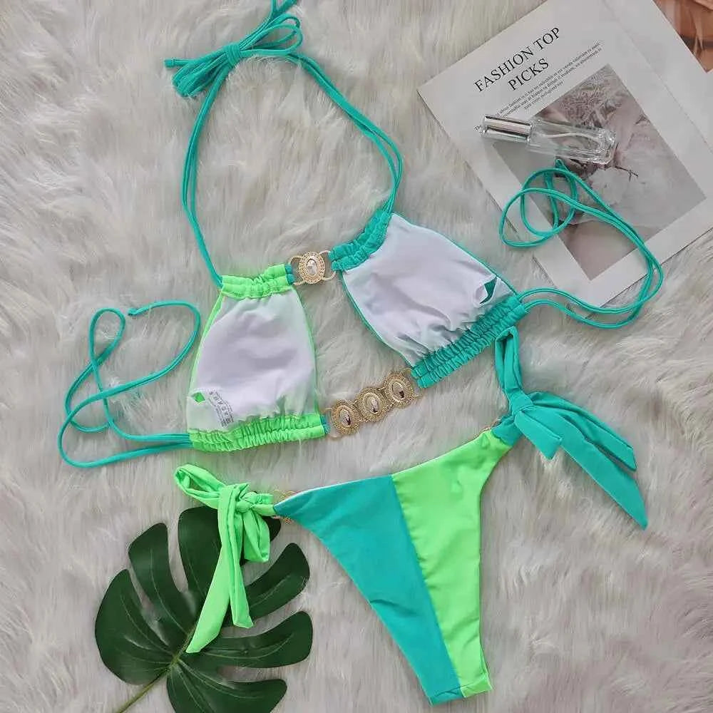 2026 Splicing Halter Diamond Bikini Women Swimsuit Female Swimwear Two Pieces Bikini Set Hollow Out Bathing Suit Swim Beach Wear