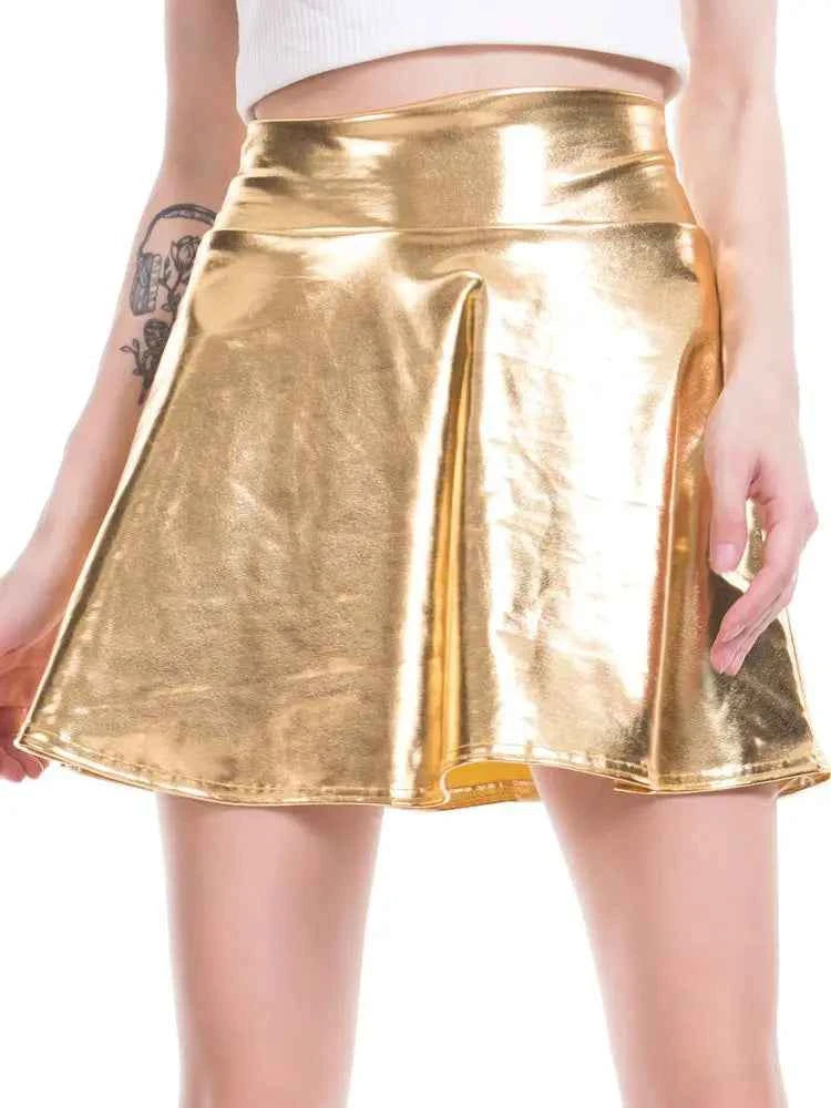 Women Pleated A-Line Skater Skirt Summer Shiny Metallic Holographic Mini Skirt Sexy Club Disco Harajuku Mini Skirt