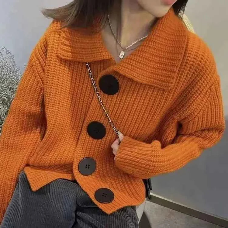 Temperament Fashion Sping Autumn New Sweaters Coats New Women Solid Lapel Button Korean Casual Long Sleeve Cardigan Knitted Tops