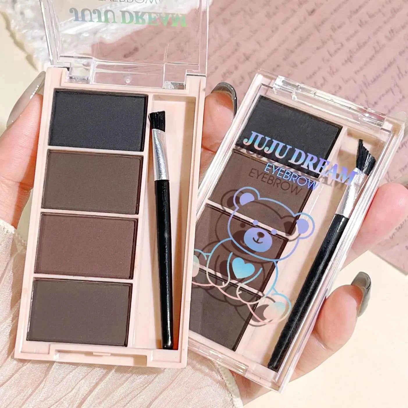 A set of 4-color eyebrow powder trays with brushes in gray and brown matte tones for long-lasting color rendering, filling and s