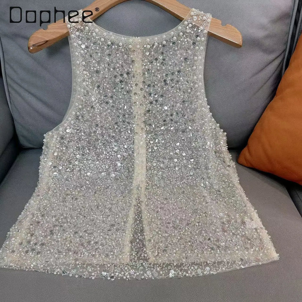 2025 Spring Summer New Light Luxury Fashion Versatile Beaded Sequined Sleeveless Vest Top Women Loose Casual Fashion Sexy Top
