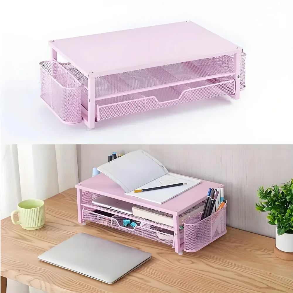 2-Tier Desk Organizers and Accessories, Pink & Black Computer Monitor Stand with Drawer, Pen Storage & Tablet Phone Holder