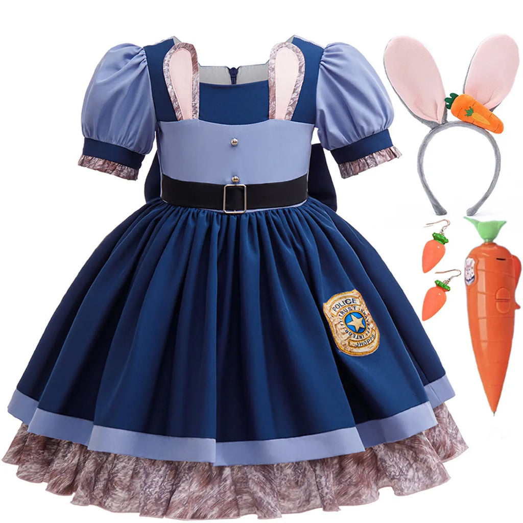 Disney Girls Cosplay Zootopia 2 Police Officer Judy Bunny Dress For Kids Holiday Party Cute Dress With Accessories Fancy Set