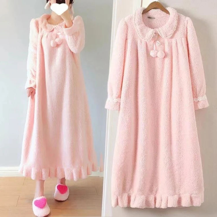 2025 Winter Long Sleeve Thick Warm Flannel Nightgowns for Women Korean Cute Coral Fleece Sleepwear Night Dress Nightdress Nighty