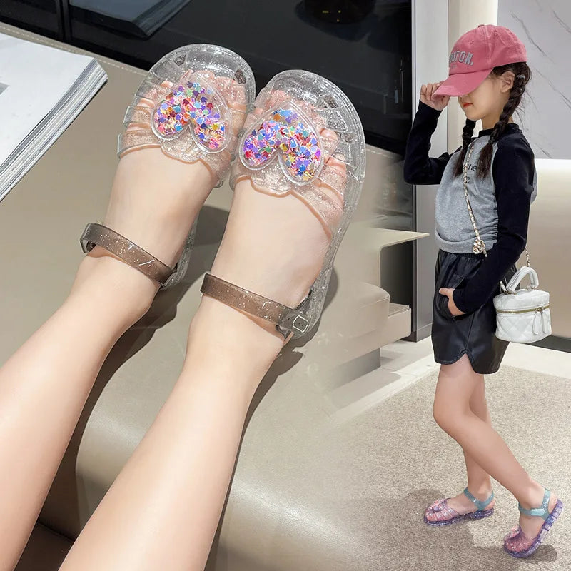 2026Kids' Sandals Ourdoor Crystal Jelly Shoes PVC Love Baby Fashion Flat For Girls Breathable Anti-slip Purple Sliver Size 24-35