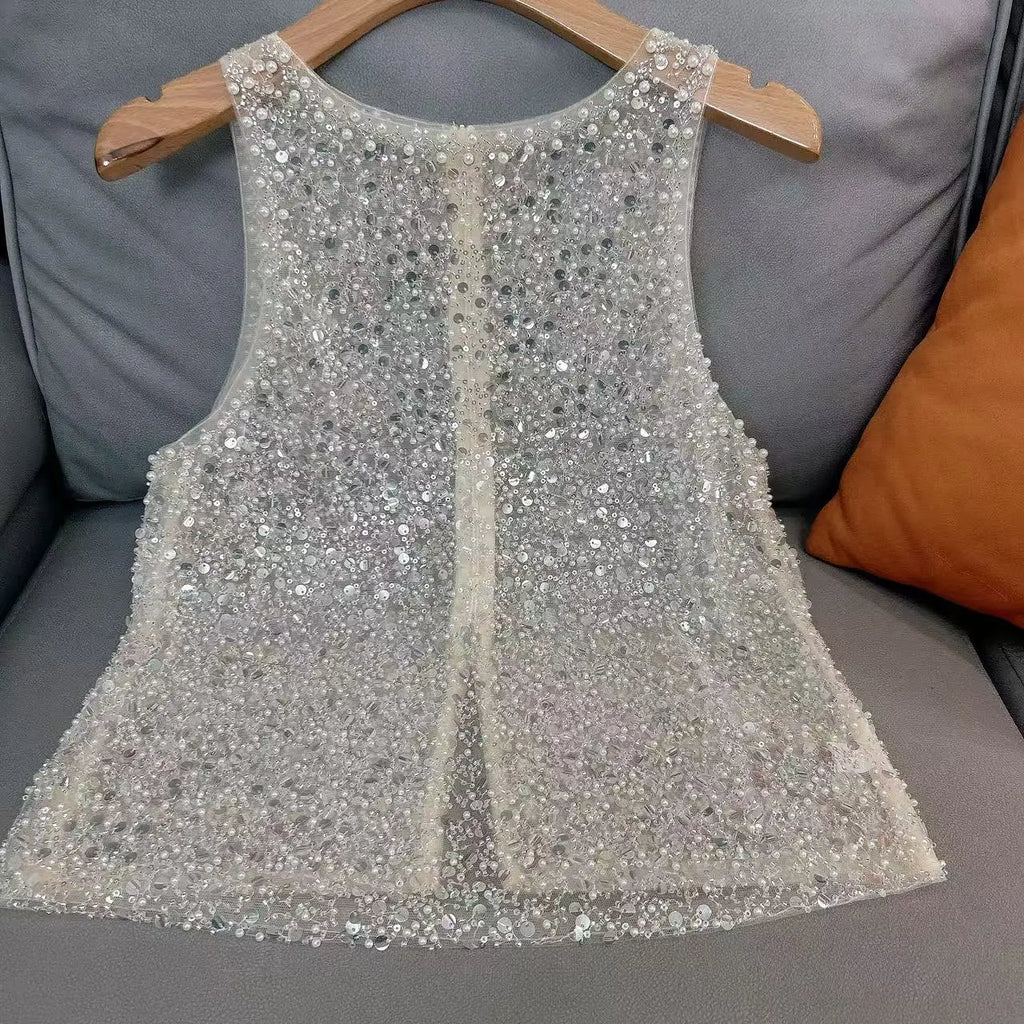 2025 Spring Summer New Light Luxury Fashion Versatile Beaded Sequined Sleeveless Vest Top Women Loose Casual Fashion Sexy Top