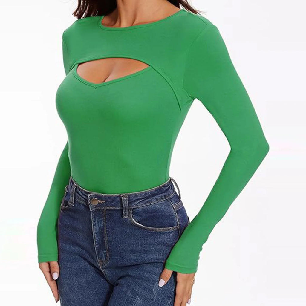 Spring Autumn Women's Long Sleeve T-Shirt Fashion Casual Front Hollow Slim Sexy Top Female Slim Bottoming Shirt Pullover