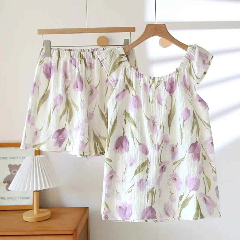 2025 Women's New Summer Pajama Set 100% Cotton Crepe Vest+Shorts Two Piece Loose Home Clothing Set Sleepwear Ladies