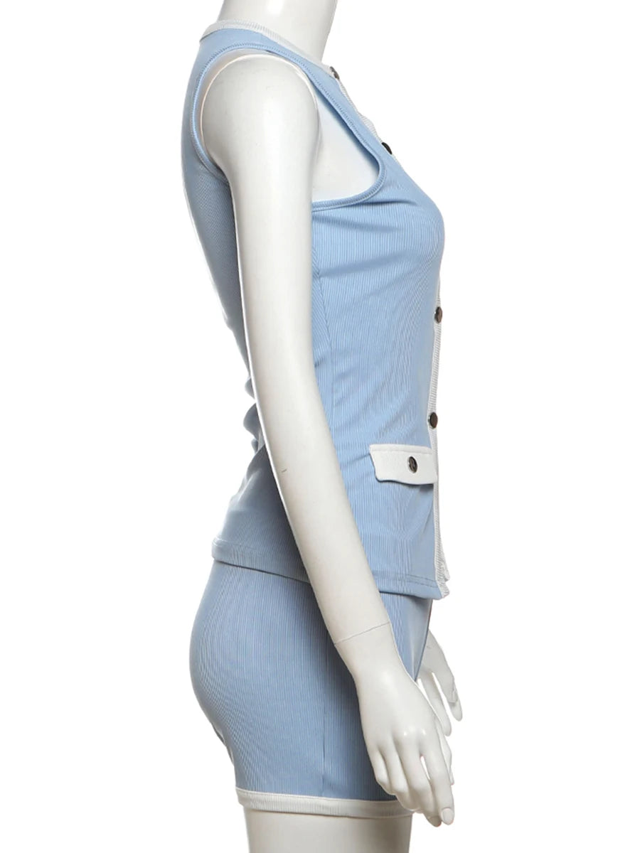 Sisterlinda Spring Release Junior Fashion Mini Sexy High Street Short Suit K25S63285 Girl Knit Solid Slim Sleeveless Vest Suit