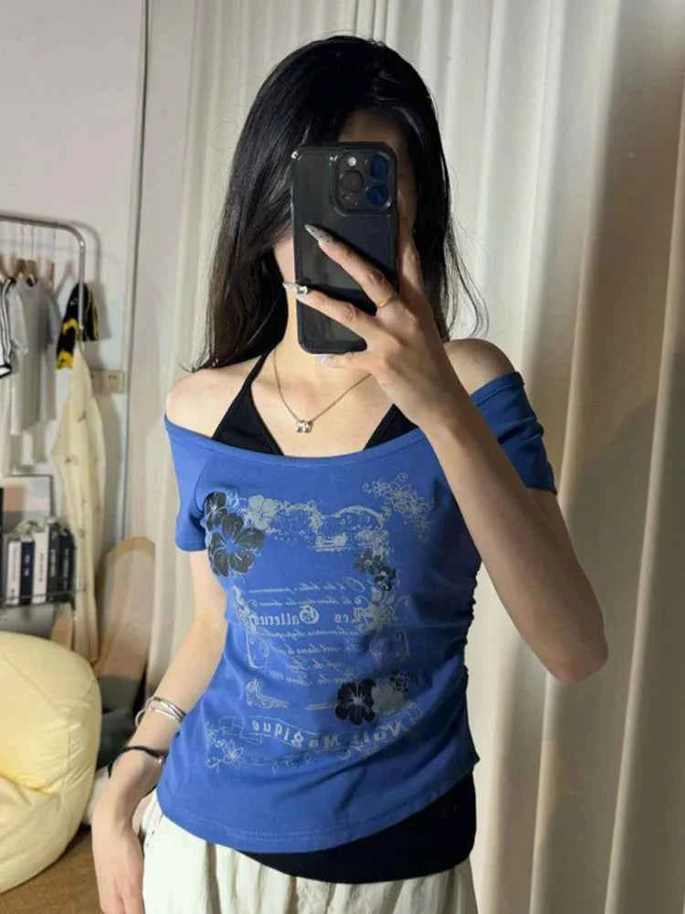 Vintage Fake Two Piece Halter Lace Up T-shirts Y2k Slim Fit Print Tops Women Off Shoulder Short Sleeve Tee Shirt