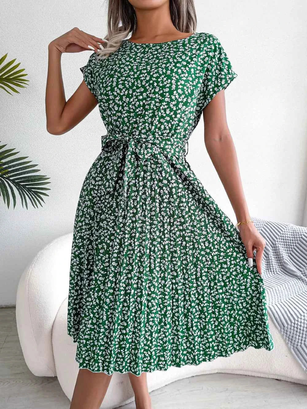 Ficusrong Fashion Floral Pleated A Line Long Dress Women Spring Summer Short Sleeve High Waist Chic Dress