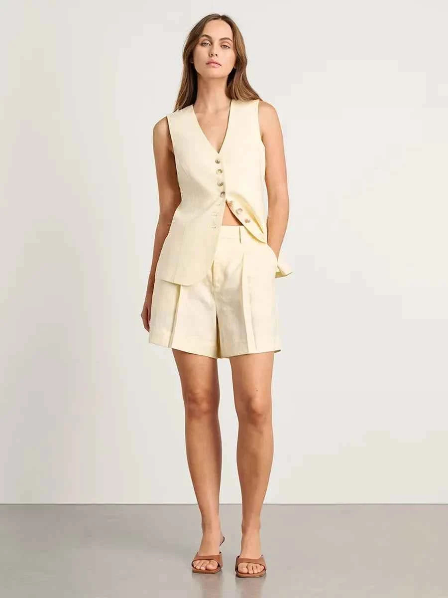 Wolfeel Cotton linen Chic Casual Vest Shorts Set Women's Fashion Commuter Sleeveless Tank Top Loose Shorts Suits Summer New