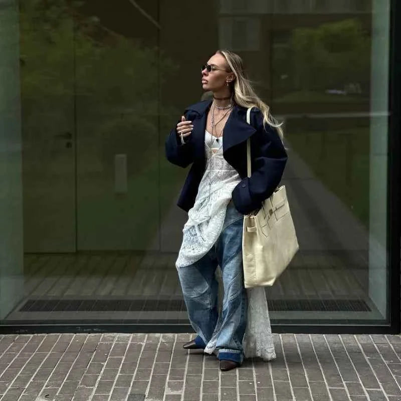 Cropped Lace-up Blue Casual Trench Coat Women Lapel Long Sleeve Wide Shoulder Windbreaker Jacket Fall Commute Daily Streetwear