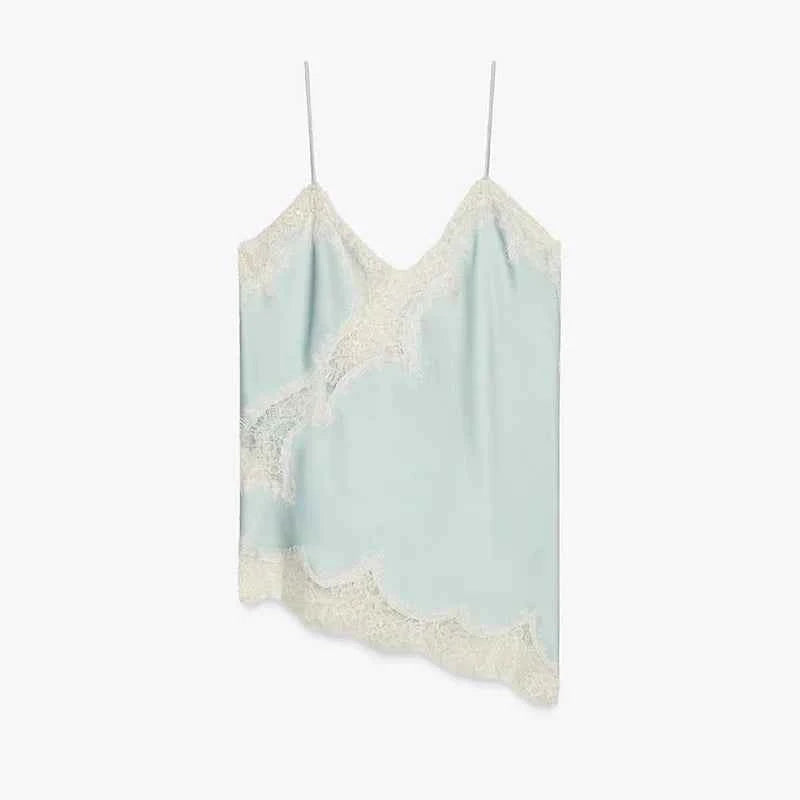 Summer Women Halter Top Satin Lace Spliced Tank Backless Deep Neck Sexy Vest Irregular Hem Vestidos 2025 Lady Vacation Sexy Tops