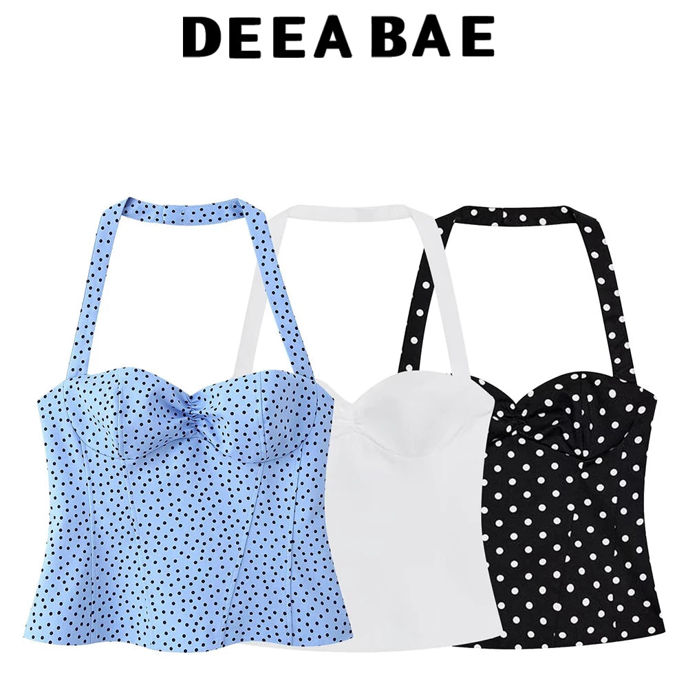 DEEABAE 2026 summer French style hanging neck polka dot camisole vest for women slim fit and slimming ruffled edge sexy top