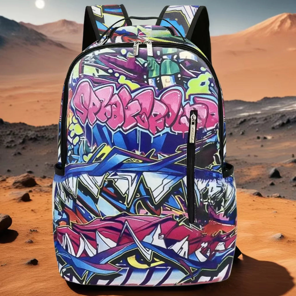 A Hip-Hop Street-Style Backpack with Spray-Painted Ground Motifs for Men, a New Trendy Lightweight Printed Backpack with a Checkered Pattern, Also a Fashionable Outdoor Commuter Bag, Large-Capacity Travel Bag, Multifunctional